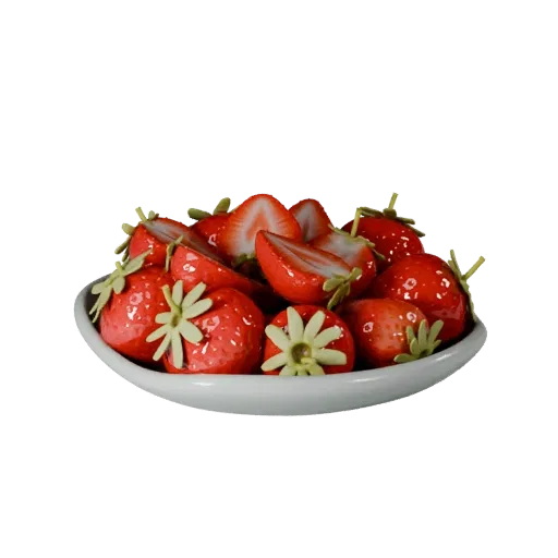 Sliced Strawberry Basket Realistic 3D model, three-quarter studio render, showing skin pores, recognizable fruit forms.