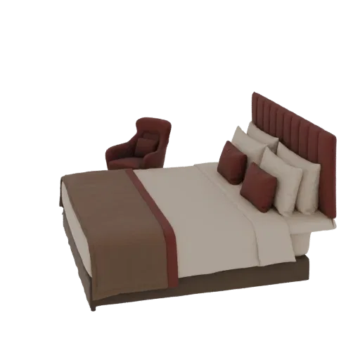 3D model of a modern bedroom set with a deep red bed and matching armchair, featuring a fluted headboard and plush pillows.