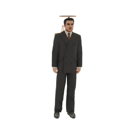 3D model of a vintage businessman in a dark suit and tie, wearing a propeller hat, against a white background.