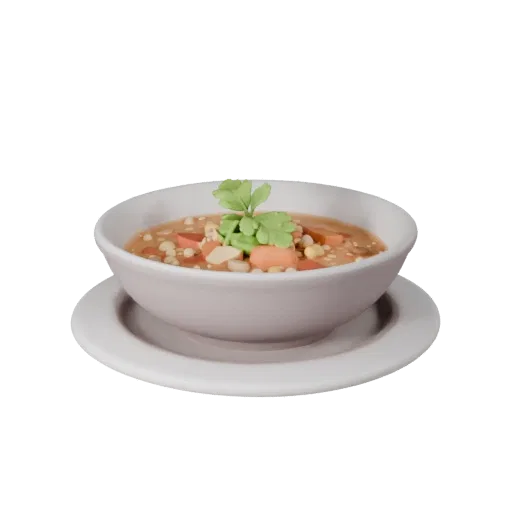 Bowl Of Soup Realistic 3D model, three-quarter studio render, showing sauces, plated composition.