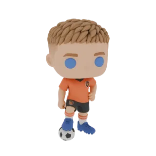 3D-Modell eines Fußballspielers im Funko Pop-Stil, trägt ein orangefarbenes Trikot und blaue Stutzen, mit einem Fußball zu Fü