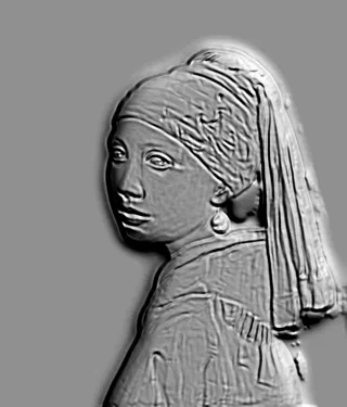 Modelo 3D de bajo relieve "La joven de la perla" de perfil, con pendiente de perla y tocado