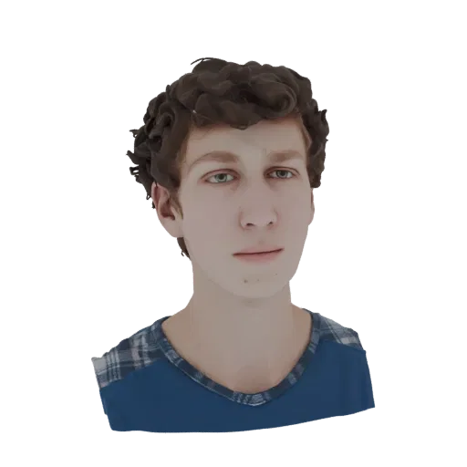 3D render of a young man with curly brown hair, blue eyes, and a blue plaid shirt, facing forward with a neutral expression.