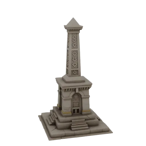 3D model of an ancient monument with a stone base, steps, and a column decorated with geometric patterns.