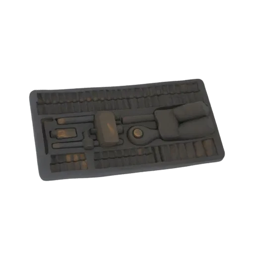 3D model of a vintage tool set with hammer, pliers, and wrenches displayed in a dark, textured tray.