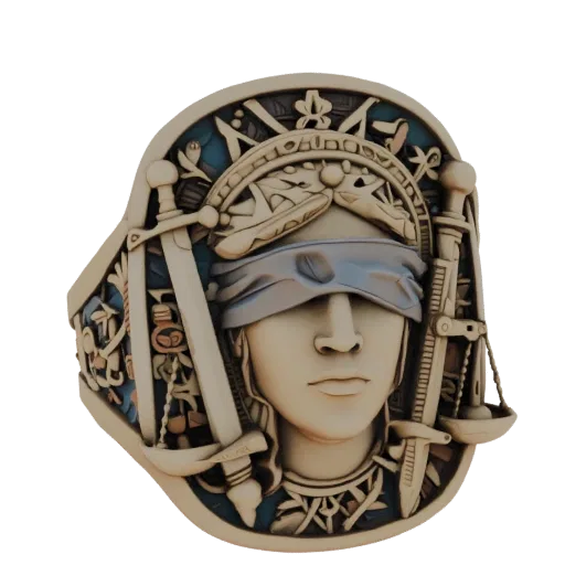 3D model of a ring with the image of the goddess Themis, swords and scales on the sides, with a blindfold