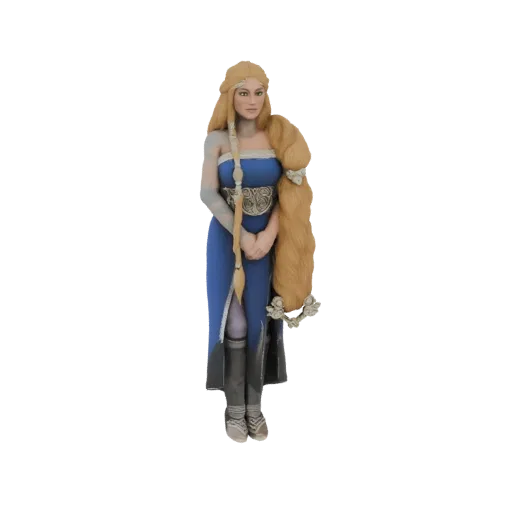 3D model of a fantasy Viking woman with long blonde braided hair, wearing a blue dress and boots.