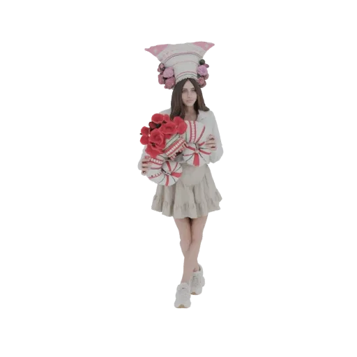 3D model of a woman with a large, pink and white floral headdress, holding red and white striped gifts.