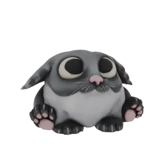 A 3D render of a cute, chubby gray cat with large, dark, expressive eyes, sitting with its paws forward.