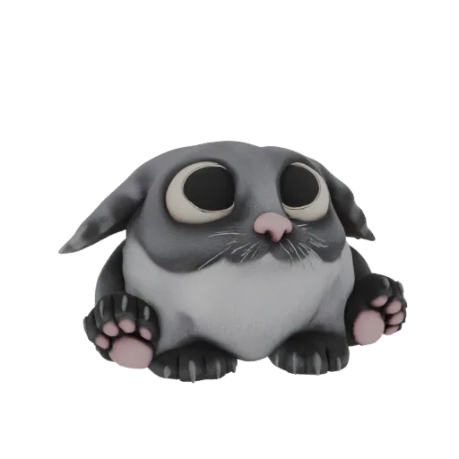 A 3D render of a cute, chubby gray cat with large, dark, expressive eyes, sitting with its paws forward.