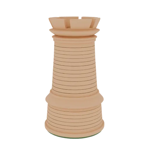 Um modelo 3D de uma torre de xadrez clássica com textura de madeira clara e linhas horizontais detalhadas, contra um fundo br