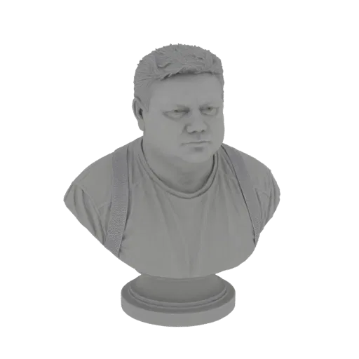 Renderizado de modelo 3D de un busto gris de un hombre gordito con camiseta y tirantes, sobre una base circular.