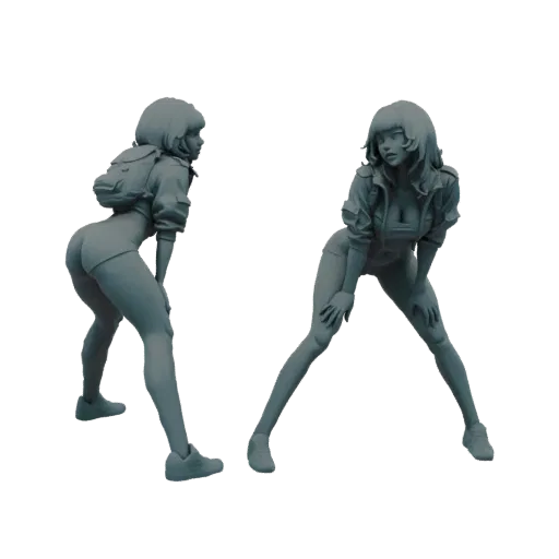 3D-Modell eines Cyberpunk-Mädchens in dynamischer, lehnender Pose, von der Seite betrachtet.