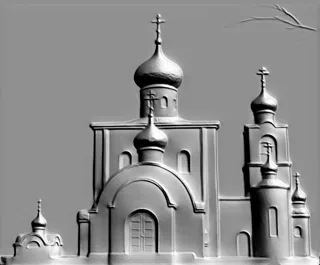 Modello 3D di bassorilievo di chiesa ortodossa russa con diverse cupole e croci su sfondo grigio