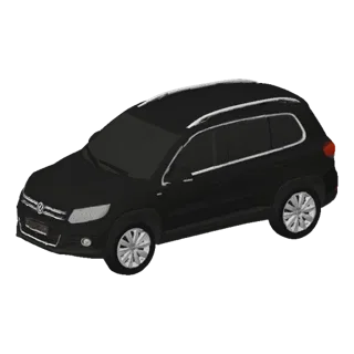 Ein 3D-Modell eines dunkelgrauen SUVs, von vorne rechts leicht erhöht vor schwarzem Hintergrund betrachtet.