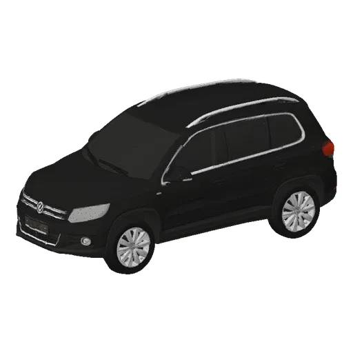 A 3D model of a dark gray SUV, viewed from a slightly elevated front-right angle against a black background.