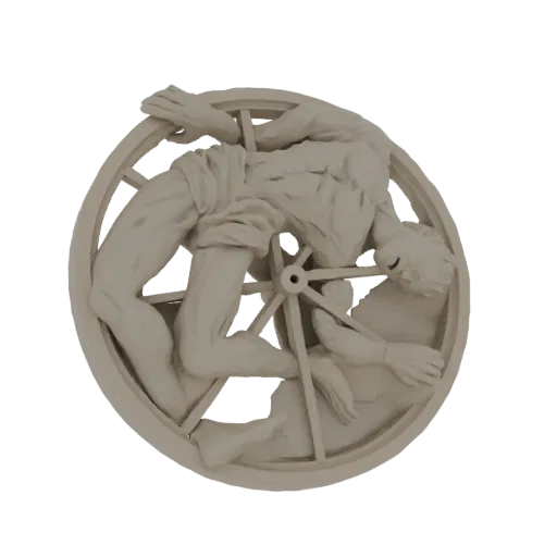 3D-Modell von Sisyphus, der sich abmüht, einen Felsbrocken ein Rad hochzuschieben, eine klassische mythologische Skulptur.