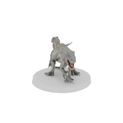 3D model of a grey raptor dinosaur with yellow stripes, mouth open in a roar, standing on a white circular base.