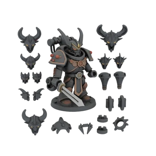 3D model of Mortarion, Daemon Primarch of Nurgle, surrounded by assembly parts