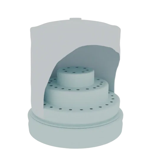 3D render of a light blue, three-tiered cake stand with a decorative archway, set against a black background.