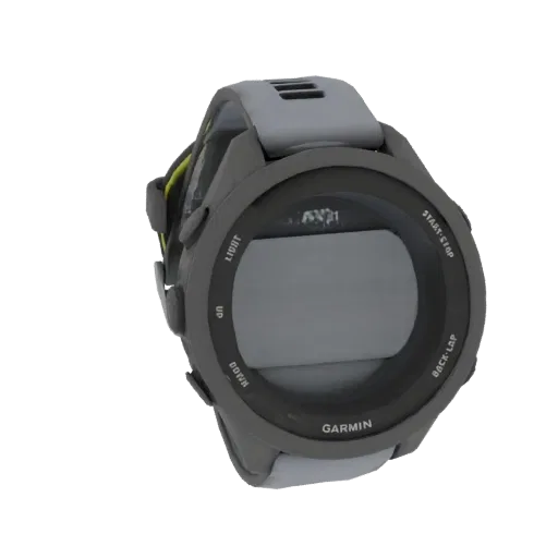 3D model of a Garmin Forerunner 945 smartwatch with a grey band and dark grey casing, showing its screen and buttons.