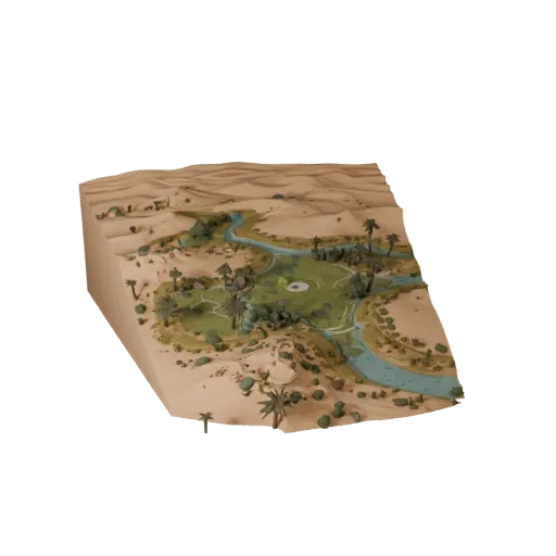Desert Oasis Biome High Poly 3D model, close-up cinematic environment render, showing terrain layers, dune ridges.