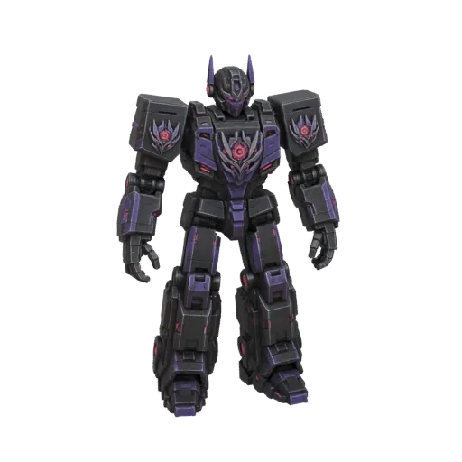3D model of a dark cybernetic warrior with black and purple armor and glowing red eyes, standing in a neutral pose.