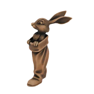 3D model of a bronze hare with large ears, peeking out of a fabric bag with its paws crossed.