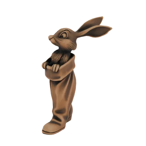 Modelo 3D de una liebre de bronce con orejas grandes, asomándose de una bolsa de tela con las patas cruzadas.