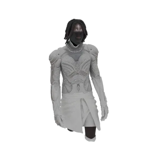 3D-Modell eines futuristischen Kriegers in verzierter Silberrüstung und mehrlagigem Rock, mit dunkler, gesichtsloser Maske.