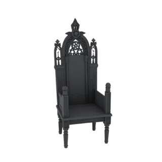 A detailed 3D model of a dark gray Gothic throne chair with an arched back and ornate carvings, set against a white backgroun