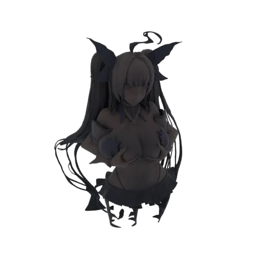 Un modelo 3D oscuro y monocromático de un busto de chica anime con cabello largo y suelto y alas tipo mariposa, presentado so