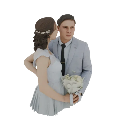 3D model of a wedding couple, a groom in a blue suit and a bride in a white dress, holding a bouquet of white flowers.
