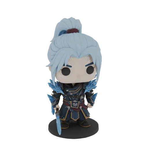 3D model of a stylized Ice Warrior character in Funko Pop style, wearing blue armor and holding an icy sword.