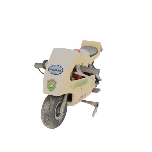 3D model of a cream-colored mini pocket bike with cartoon stickers and a detailed tire, set against a black background.