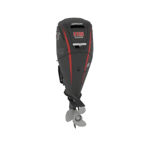 3D model of a Mercury 115 Pro XS outboard motor, viewed from the front, showing the cowling, red racing stripes, and propelle