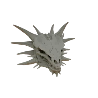 Un rendering 3D dettagliato di un teschio di drago incrinato con spine affilate, presentato su sfondo bianco.