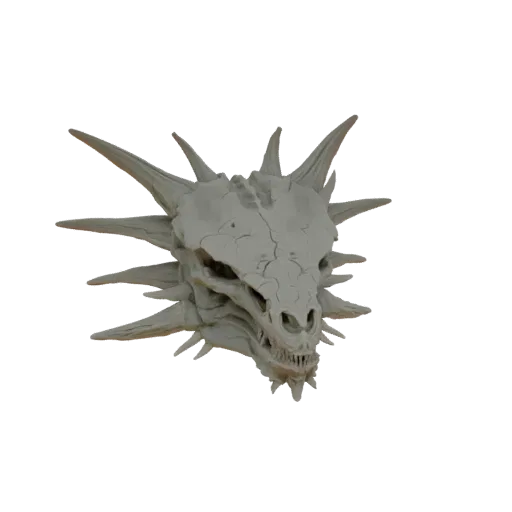 Un rendu 3D détaillé d'un crâne de dragon fissuré avec des pointes acérées, présenté sur fond blanc.