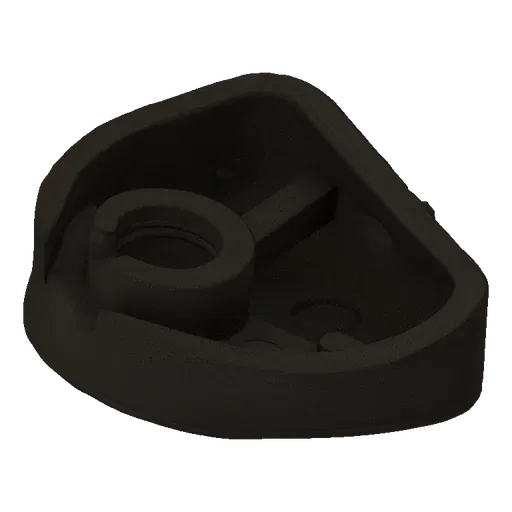 A 3D render of a dark, abstract container with a prominent swirling pattern inside, set against a black background.