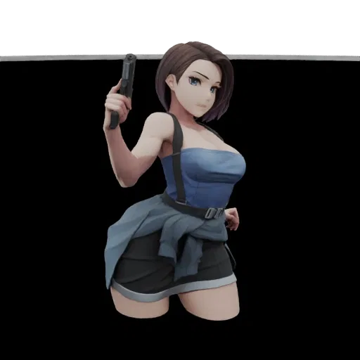 3D model of Jill Valentine from Resident Evil, wearing a blue top and black shorts, holding a handgun.