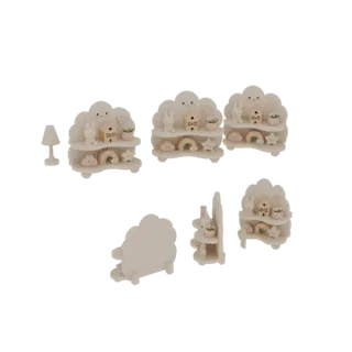 A 3D render of a miniature cloud-shaped shelf with a bunny, rainbow, and house decorations, presented on a white background.