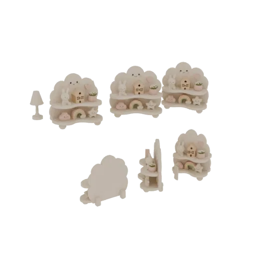 A 3D render of a miniature cloud-shaped shelf with a bunny, rainbow, and house decorations, presented on a white background.
