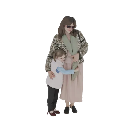 3D-Modell einer Mutter in gemusterter Jacke und rosa Kleid, die ihr Kind umarmt, das eine weiße Weste und blaue Ärmel trägt.