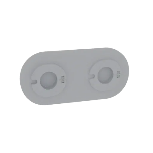 3D model of a modern, light gray dual USB charging station with two circular ports and subtle indicator lights, set against a