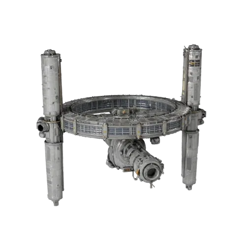 Deep Space Station Stylized 3D model, stylized isometric render, showing metal modules, modular station layout.