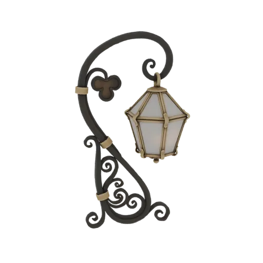 3D model of an ornate wrought-iron street lamp post with a hexagonal lantern and intricate scrollwork details.