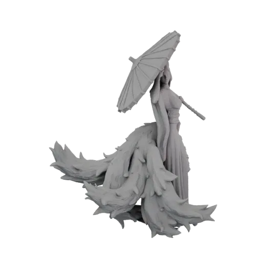 3D model of a graceful Nine-Tailed Fox Spirit with flowing robes and nine bushy tails, holding a traditional umbrella.