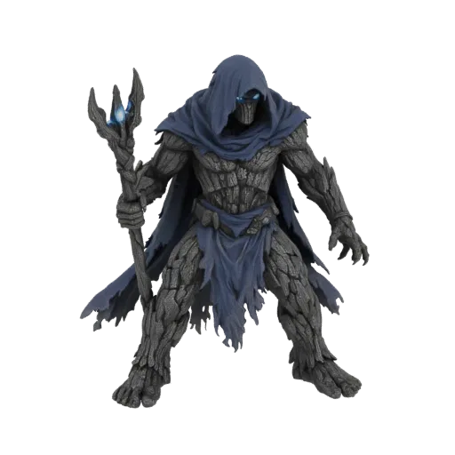 3D model of a stone golem sorcerer with a blue hooded cloak, glowing blue eyes, and a crystal-topped staff.