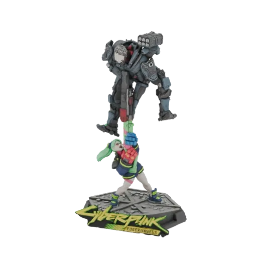 Diorama 3D Lucy vs Adam Smasher Cyberpunk Edgerunners, logo du jeu sur la base.