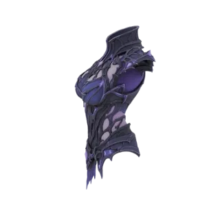 Modelo 3D de un corpiño de armadura gótica de fantasía oscura con placas de metal oscuro y acentos de tela morada, visto de l
